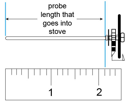 Line drawing pf catalytic thermometer with ruler showing measurement of probe section that enters the stove.