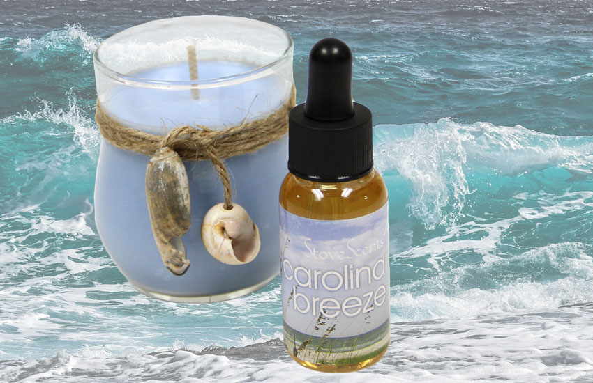 Condar Carolina Breeze scent, it's candle, with an ocean wave in the background since its scent invokes thoughts of an ocean breeze.