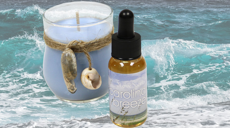 Condar Carolina Breeze scent, it's candle, with an ocean wave in the background since its scent invokes thoughts of an ocean breeze.